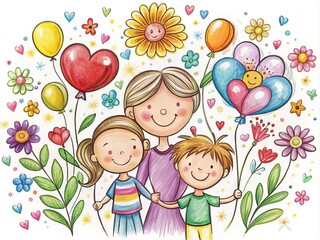 Adorable child's hand-drawn illustration of a smiling mom surrounded by colorful flowers, balloons, and scribbles,