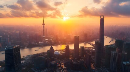 Obraz premium Aerial View of Shanghai Skyline with Sunset and River
