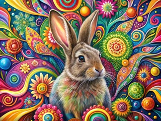 Adorable rabbit surrounded by vibrant swirling patterns of colorful shapes and lines, creating a whimsical and playful