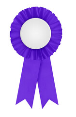 Rosette - indigo winners prize ribbon. Purple circular pleated first place award badge with blank white center for applying a design to. Prize photographed isolated on a blank white background. © Lawrey