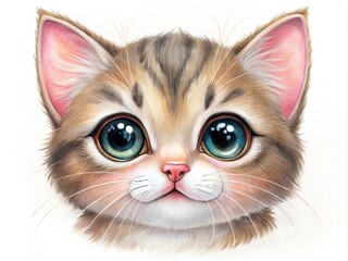 Adorable whimsical illustration of a cute kitten's face with rosy cheeks, bright eyes, and button nose, crafted with