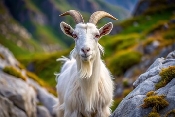 Obraz premium Adorable white goat with curved horns and fluffy fur stands on a rocky hillside, gazing curiously at the