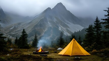 A vibrant yellow tent set against majestic mountain peaks, with a glowing campfire creating a cozy atmosphere in nature.