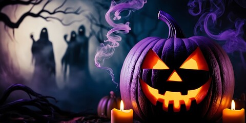 Spooky Halloween Background with Pumpkins, Ghosts, and Full Moon - Perfect for Halloween Party Invitations and Decorations