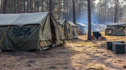 Military Campsite in Forest with Tents   Supplies  and Pine Trees