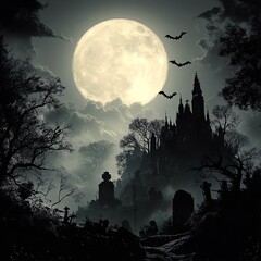 Fototapeta premium Eerie Halloween full moon over a haunted graveyard, bats flying, ghostly fog, spooky night