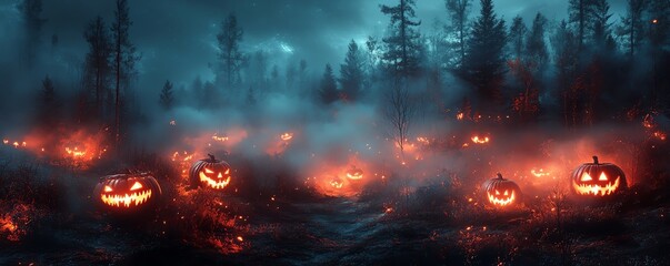 Eerie Halloween mist rolling over a dark forest, glowing jackolanterns, mysterious atmosphere