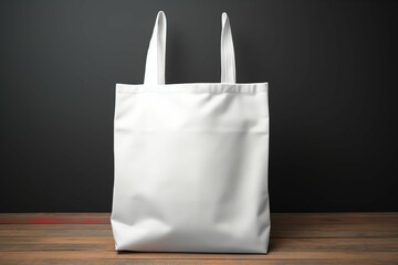 A photography of a blank white fabric totebag, on a random background, mockup, photorealistic
