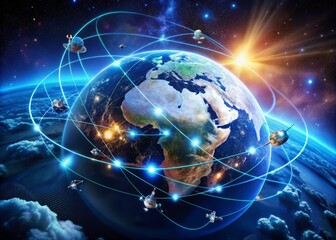 Obraz premium A futuristic, neon-lit globe map floats in space, surrounded by orbiting satellites and swirling clouds of data,