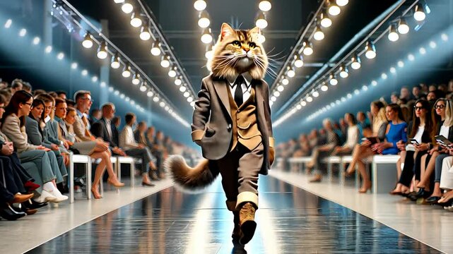 Chic Cat Models Gracefully Strut Their Distinctive Style on the Runway with Elegance and Flair