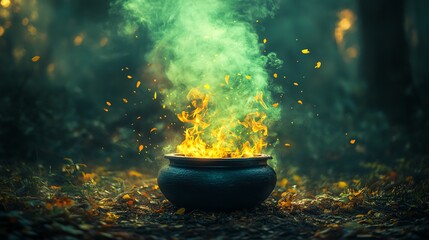 Fototapeta premium Witchs cauldron bubbling over a fire, eerie green smoke rising, dark forest background, Halloween magic