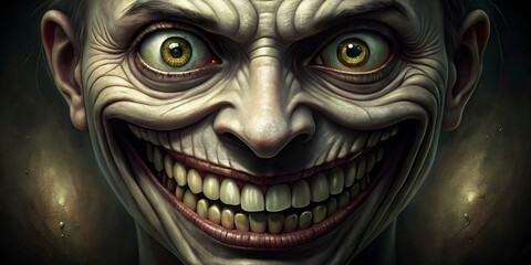 A haunting, exaggerated facial expression featuring a wide, toothy grin and sunken eyes that convey an unsettling sense