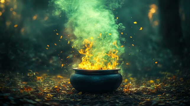 Witchs cauldron bubbling over a fire, eerie green smoke rising, dark forest background, Halloween magic