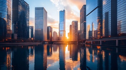 Obraz premium Skyscrapers Reflecting in a City River at Sunset
