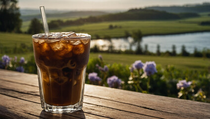 Iced coffee in a tall glass with condensation, sitting on a patio table with a view of the countryside.