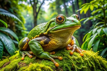 Obraz premium A large, vibrant green Goliath frog perches on a moss-covered rock, showcasing its enormous size, rounded body, and