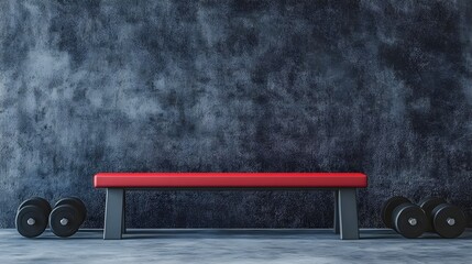 Modern gym setup featuring a red weight bench and black dumbbells against a textured dark wall, ideal for fitness-related content.
