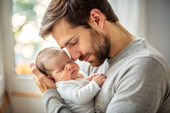 A loving parent gently cradles and comforts their serene infant, fostering a sense of security and warmth in