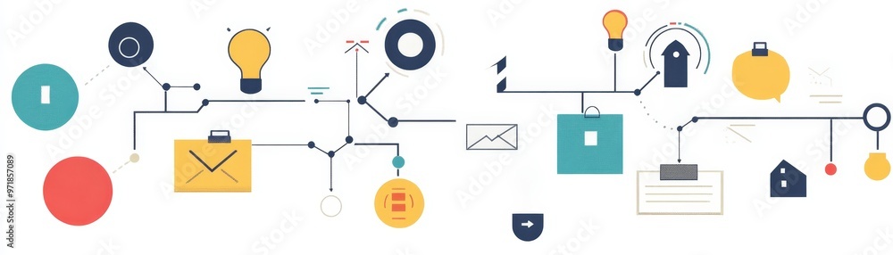 Poster abstract network diagram with icons for business and technology concepts