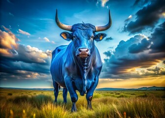 A majestic blue bull with a strong muscular build and piercing eyes stands proudly in a sun-kissed field,
