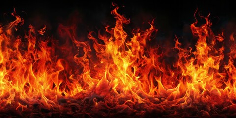 Blazing red and black flames swirl and dart, casting a fiery glow that illuminates the surrounding darkness with