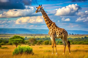 Obraz premium A majestic giraffe with a curious expression roams freely in a sun-kissed savannah, its long neck and spotted