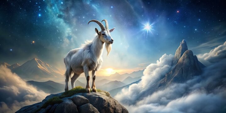 A majestic goat-horned mythical creature with a serene expression, posed on a mystical, misty mountain peak, surrounded