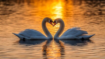 Two majestic swans create a heart shape at sunset, symbolizing love and tranquility on a serene lake.