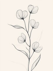 Line art illustration featuring delicate and slender lines depicting a floral sprig