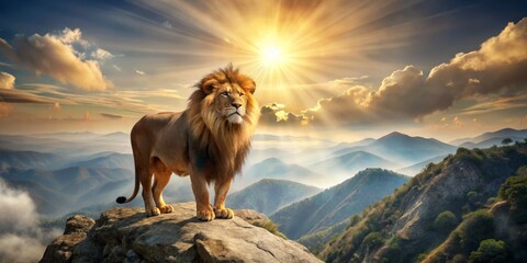 Obraz premium A majestic lion stands atop a mountain, surrounded by rays of sunshine, symbolizing courage, strength, and visionary