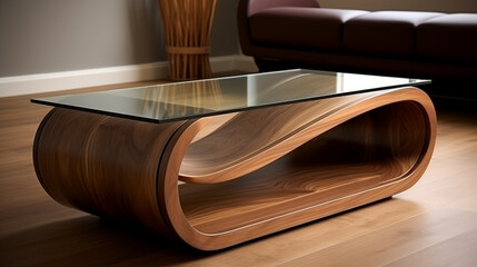 Obraz premium Modern Walnut Coffee Table with Glass Top and Curved Design