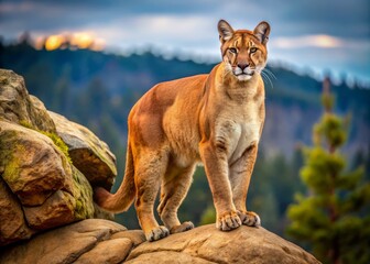 Obraz premium A majestic, tawny-coated mountain lion with piercing eyes and sharp claws, set against a rustic, rocky outcropping,