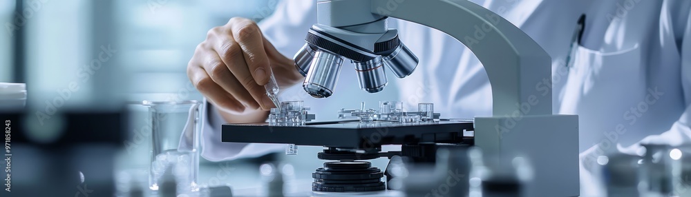 Poster scientist examining sample under microscope in lab