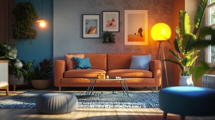 Obraz premium Cozy and Inviting Modern Living Room with Soft Furnishings and Greenery Accents