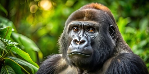 Obraz premium A mature western lowland gorilla with shiny black fur and muscular build observes its surroundings with intelligent
