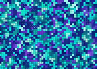 A mesmerizing abstract design features a futuristic camouflage pattern composed of tiny, vibrant squares in shades of