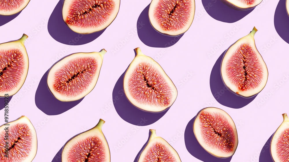 Poster figs cut in half arranged in a repeating pattern on a purple background.
