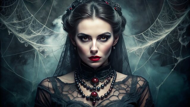 A mysteriously alluring, centuries-old vampire with piercing eyes, delicate features, and intricately detailed