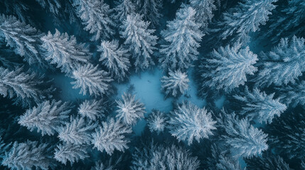Aerial view of snow covered pine trees creating a natural frame
