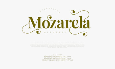 Mozarela typography beauty fashion elegant minimalist serif italic fonts decorative wedding vintage retro logos. Minimal luxury font alphabet logo. Vector illustration