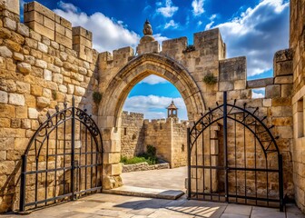 Ancient stone gate adorned with ornate ironwork and surrounded by historic walls stands majestically open in the Old