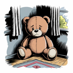 A lonely teddy bear sitting in the corner of a room, Comics Illustration