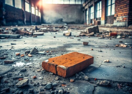 A partially broken brick lies on a worn, gray concrete floor, surrounded by scattered fragments, amidst a backdrop