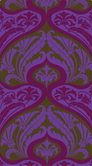 Floral pattern in purple, violet and olive green. stylized flower motifs and art nouveau style.