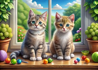 A playful illustration of identical twin kittens sitting on a windowsill, with subtle differences in their accessories,