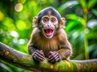 Fototapeta premium A playful monkey showcases a bright, toothy grin, its fur fluffed up in excitement, as it sits on