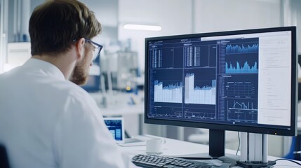 Data Analyst Working on Computer with Charts and Graphs