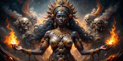 Fototapeta premium A powerful, dark-skinned goddess with four arms, adorned in golden jewelry and a garland of skulls, stands victorious