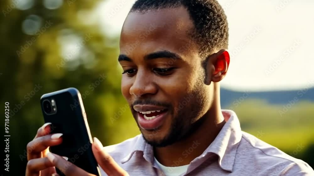 Poster man smiling while texting on smartphone outdoors during sunny day generative ai