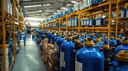 Blue Industrial Tanks Stored on Yellow Shelves in a Warehouse